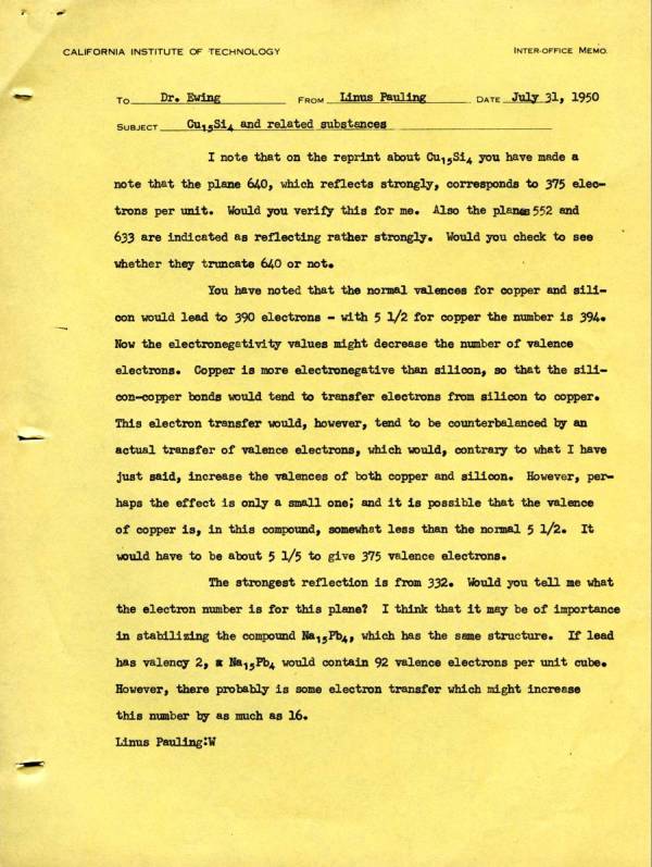 Memorandum from Linus Pauling to Fred Ewing. Page 1. July 31, 1950