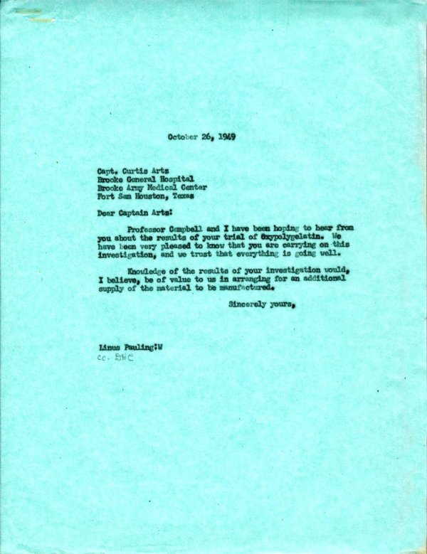 Letter from Linus Pauling to Curtis Artz. Page 1. October 26, 1949