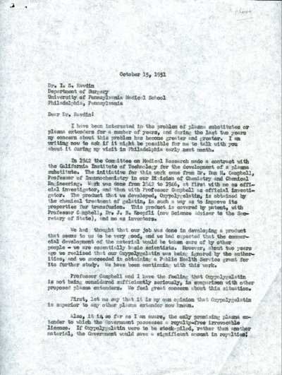 Letter from Linus Pauling to I.S. Ravdin. Page 1. October 15, 1951
