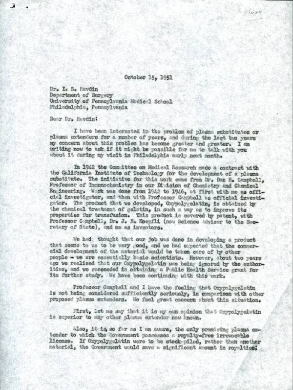 Letter from Linus Pauling to I.S. Ravdin. Page 1. October 15, 1951