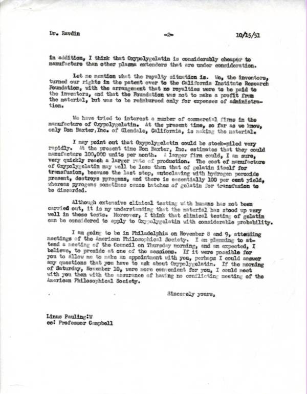 Letter from Linus Pauling to I.S. Ravdin. Page 2. October 15, 1951