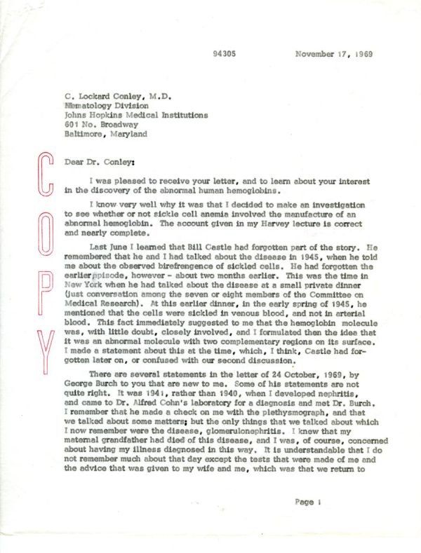 Letter from Linus Pauling to C. Lockard Conley. Page 1. November 17, 1969