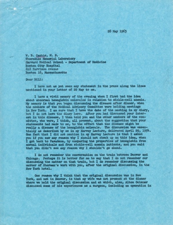 Letter from Linus Pauling to William Castle. Page 1. May 28, 1963