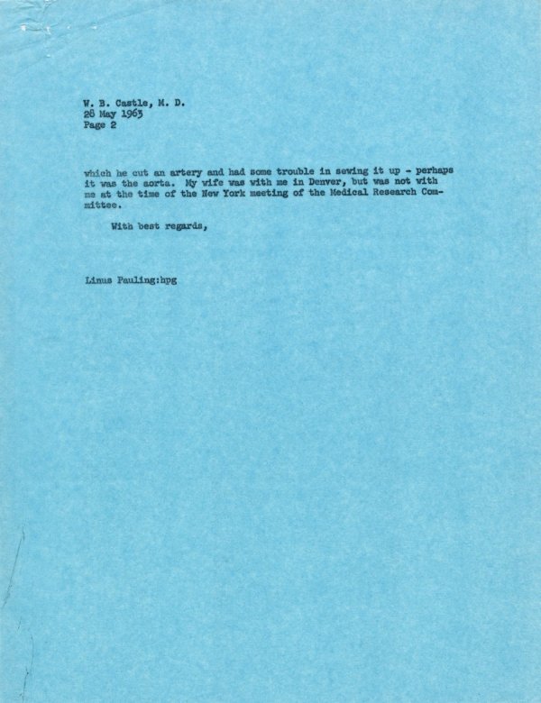 Letter from Linus Pauling to William Castle. Page 2. May 28, 1963