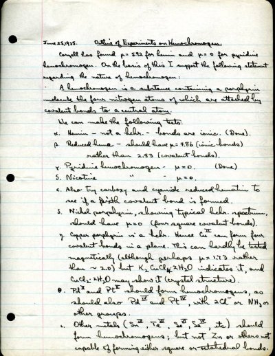 "Outline of Experiments on Hemochromagen." Page 1. June 25, 1935