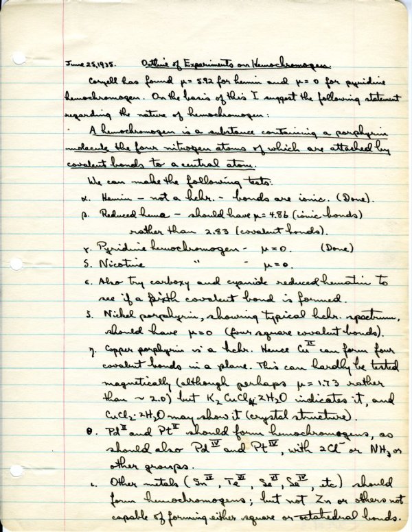 "Outline of Experiments on Hemochromagen." Page 1. June 25, 1935