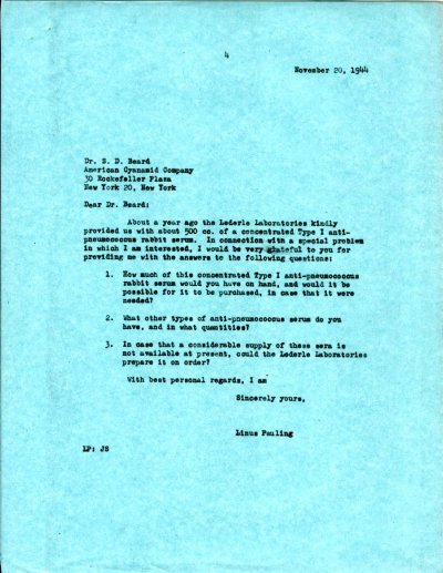 Letter from Linus Pauling to S.D. Beard. Page 1. November 20, 1944