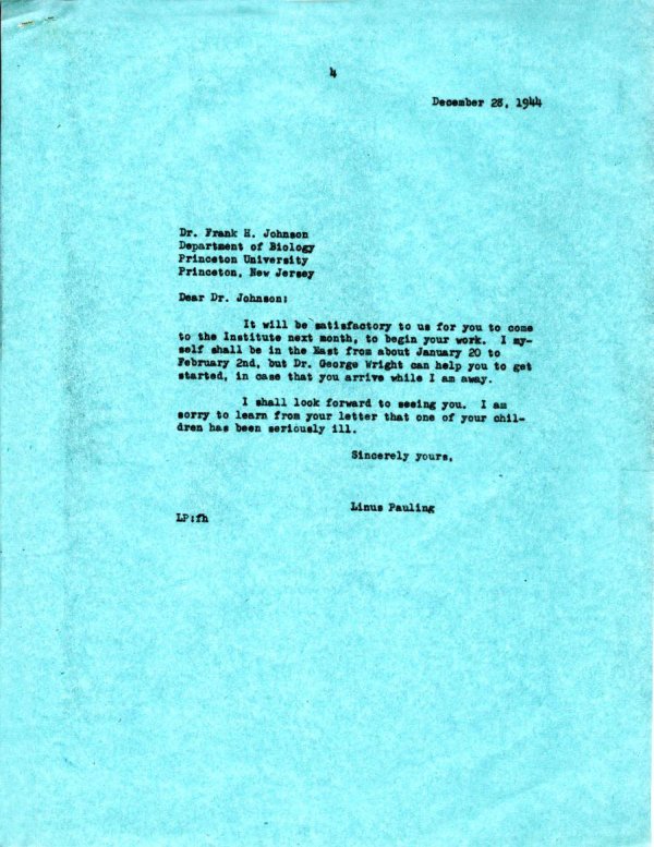Letter from Linus Pauling to Frank H. Johnson. Page 1. December 28, 1944