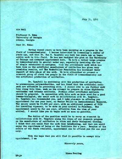 Letter from Linus Pauling to R. Kuhn. Page 1. July 31, 1942