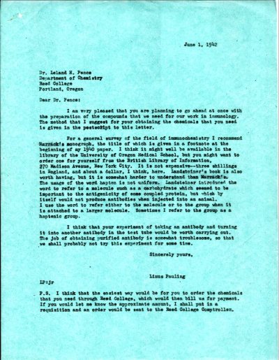 Letter from Linus Pauling to Leland H. Pence. Page 1. June 1, 1942