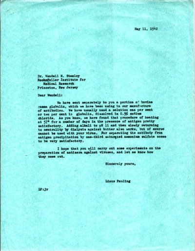 Letter from Linus Pauling to Wendell M. Stanley. Page 1. May 11, 1942