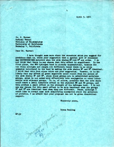 Letter from Linus Pauling to H. Tarver. Page 1. April 3, 1944