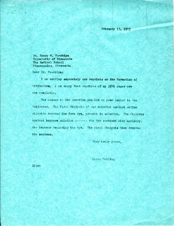 Letter from Linus Pauling to Henry M. Tsuchiya. Page 1. February 13, 1943