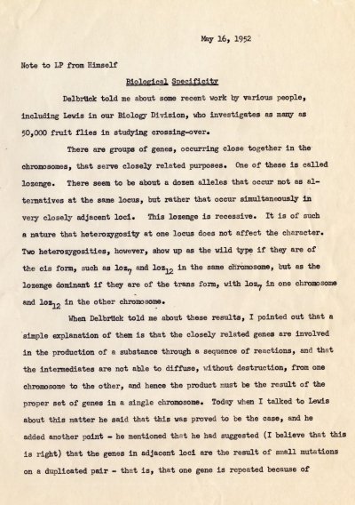 Linus Pauling note to self concerning biological specificity. Page 1. May 16, 1952