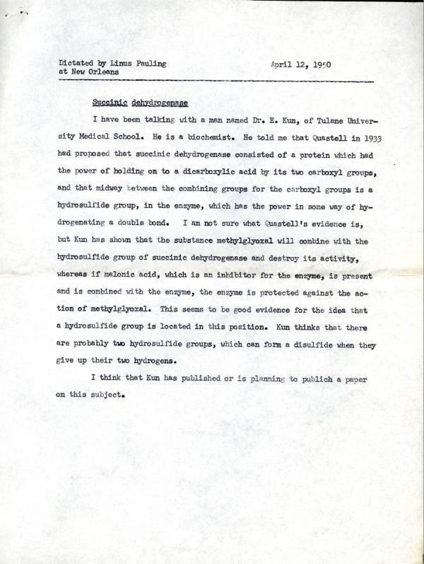 Linus Pauling note to self concerning research on succinic dehydrogenase. Page 1. April 12, 1950