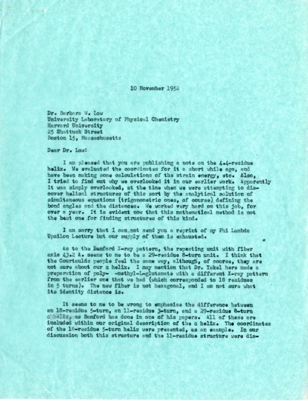 Letter from Linus Pauling to Barbara Low. Page 1. November 10, 1952