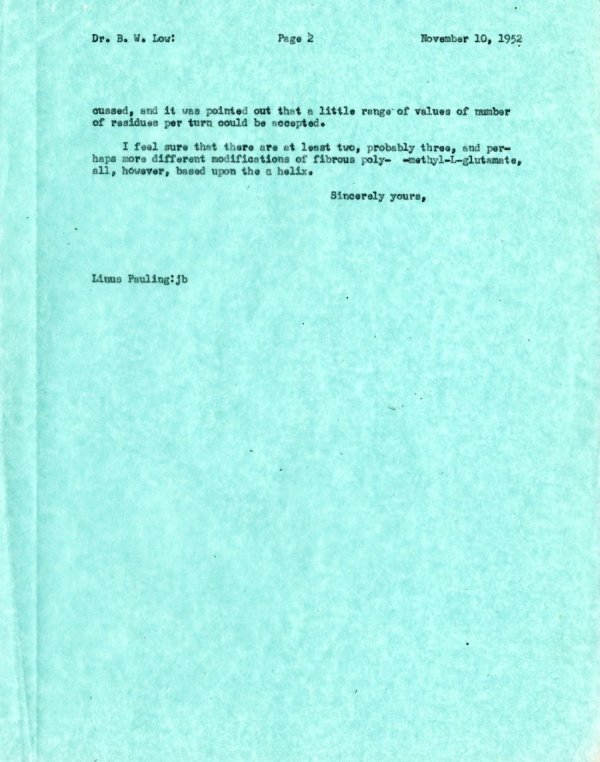 Letter from Linus Pauling to Barbara Low. Page 2. November 10, 1952