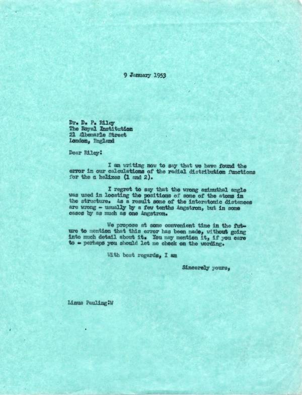Letter from Linus Pauling to D.P. Riley. Page 1. January 9, 1953
