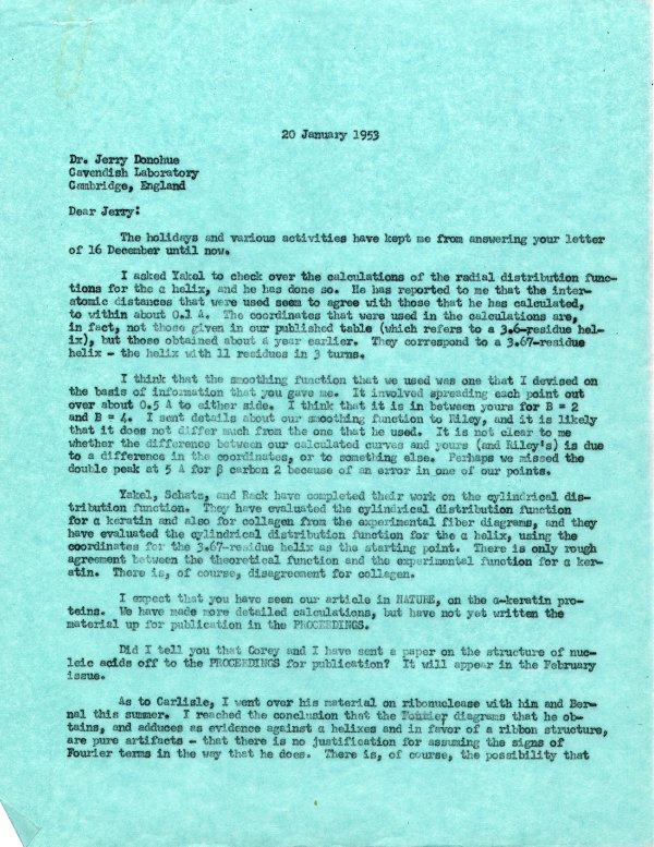Letter from Linus Pauling to Jerry Donohue. Page 1. January 20, 1953