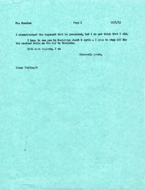 Letter from Linus Pauling to Jerry Donohue. Page 2. January 20, 1953