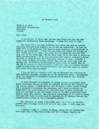 Letter from Linus Pauling to Alexander Todd. Page 1. December 19, 1952