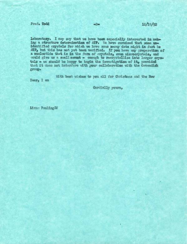 Letter from Linus Pauling to Alexander Todd. Page 2. December 19, 1952