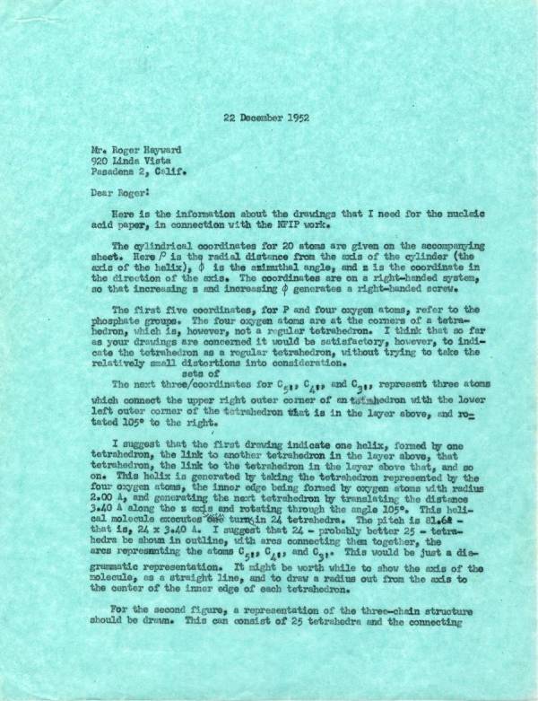 Letter from Linus Pauling to Roger Hayward. Page 1. December 22, 1952