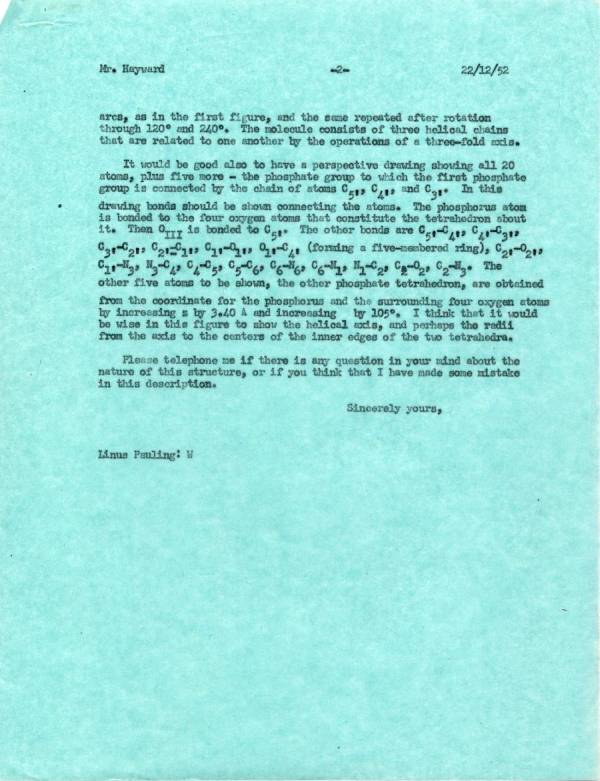 Letter from Linus Pauling to Roger Hayward. Page 2. December 22, 1952