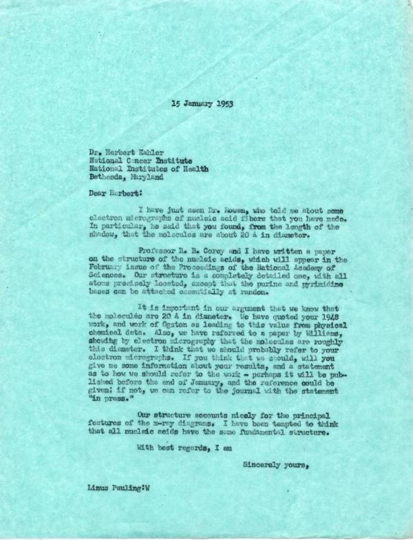 Letter from Linus Pauling to Herbert Kahler. Page 1. January 15, 1953