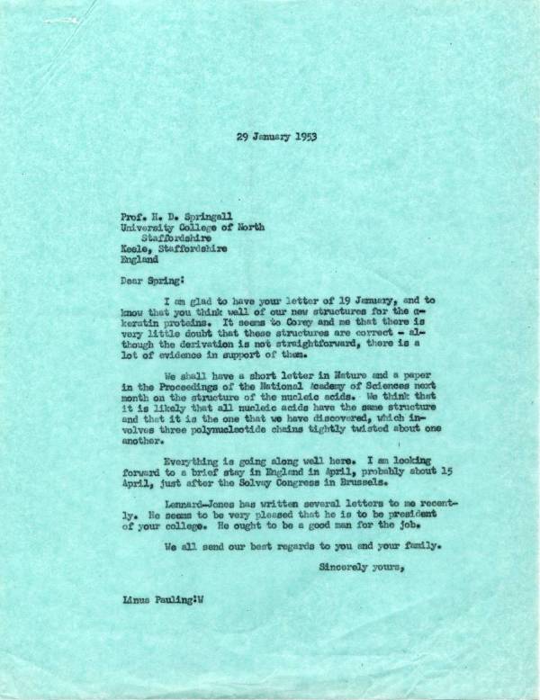Letter from Linus Pauling to H.D. Springall. Page 1. January 29, 1953