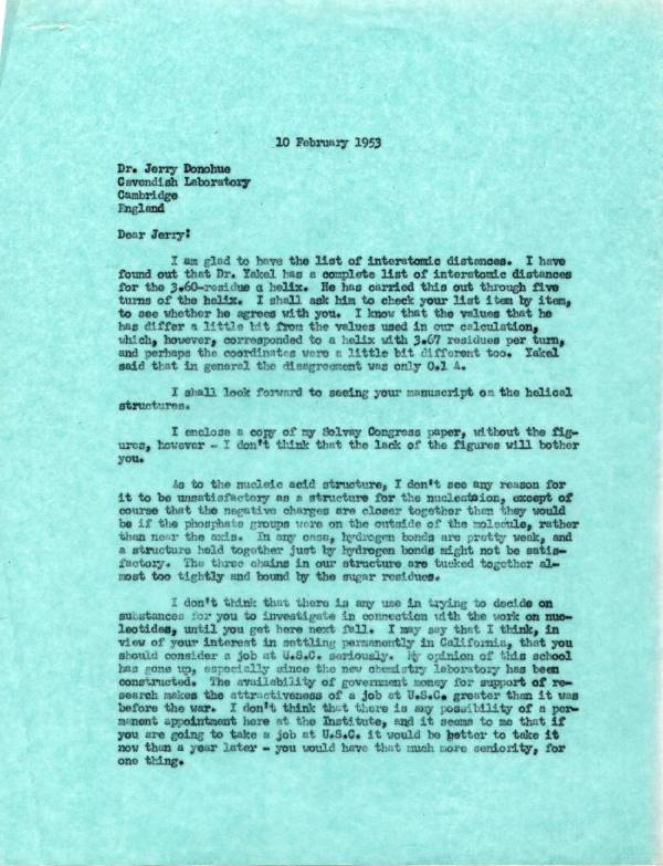 Letter from Linus Pauling to Jerry Donohue. Page 1. February 10, 1953