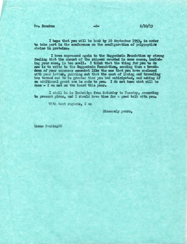 Letter from Linus Pauling to Jerry Donohue. Page 2. February 10, 1953