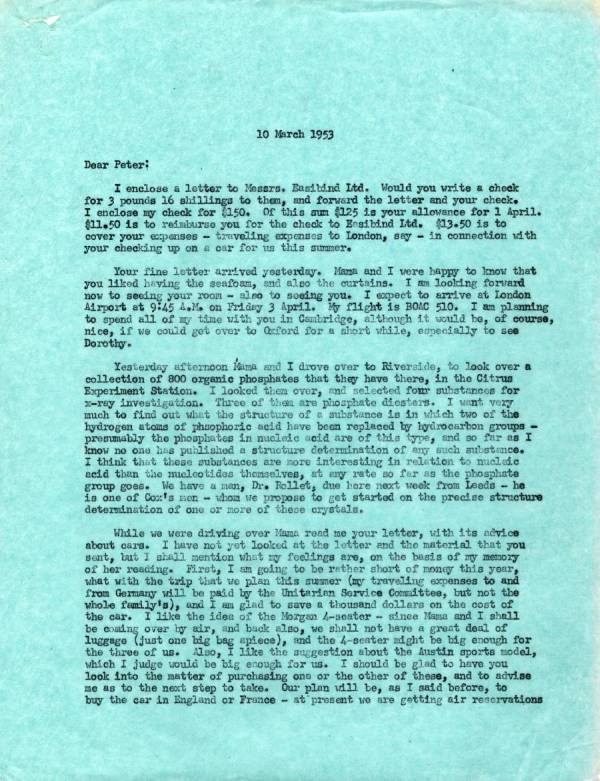 Letter from Linus Pauling to Peter Pauling. Page 1. March 10, 1953