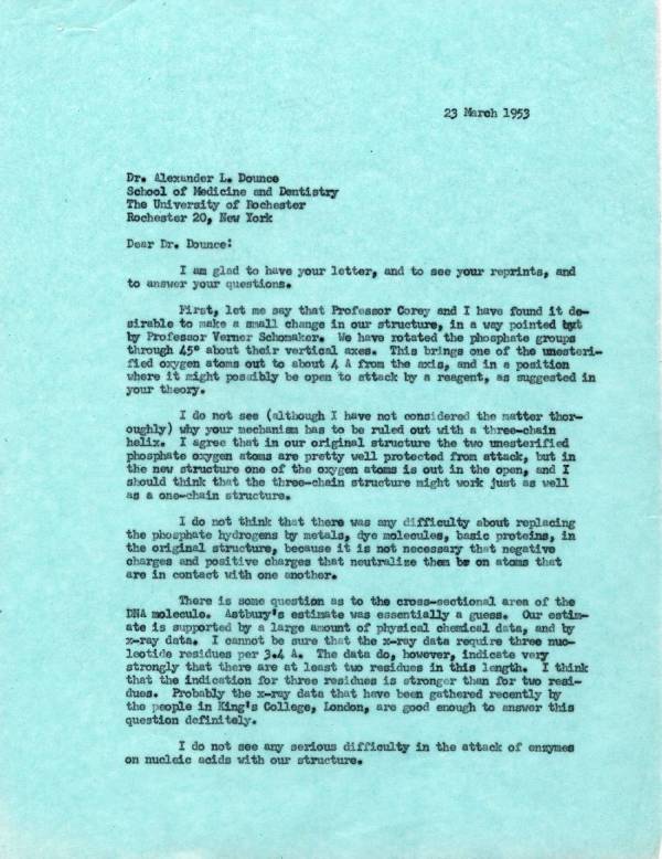 Letter from Linus Pauling to Alexander L. Dounce. Page 1. March 23, 1953