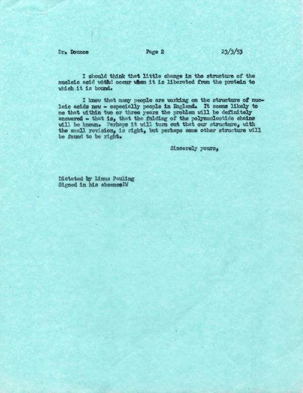 Letter from Linus Pauling to Alexander L. Dounce. Page 2. March 23, 1953