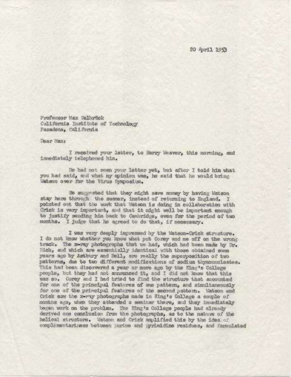 Letter from Linus Pauling to Max Delbrück. Page 1. April 20, 1953