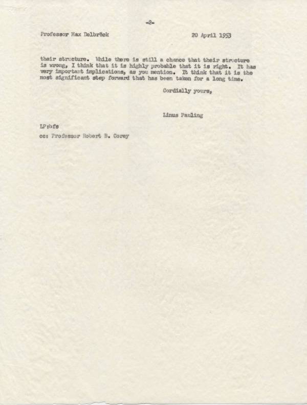 Letter from Linus Pauling to Max Delbrück. Page 2. April 20, 1953