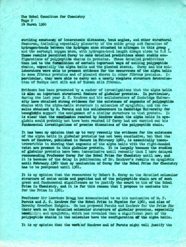 Letter from Linus Pauling to the Nobel Committee for Chemistry. Page 2. March 14, 1960