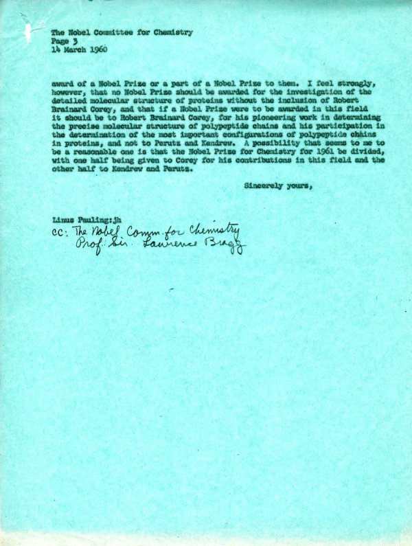 Letter from Linus Pauling to the Nobel Committee for Chemistry. Page 3. March 14, 1960