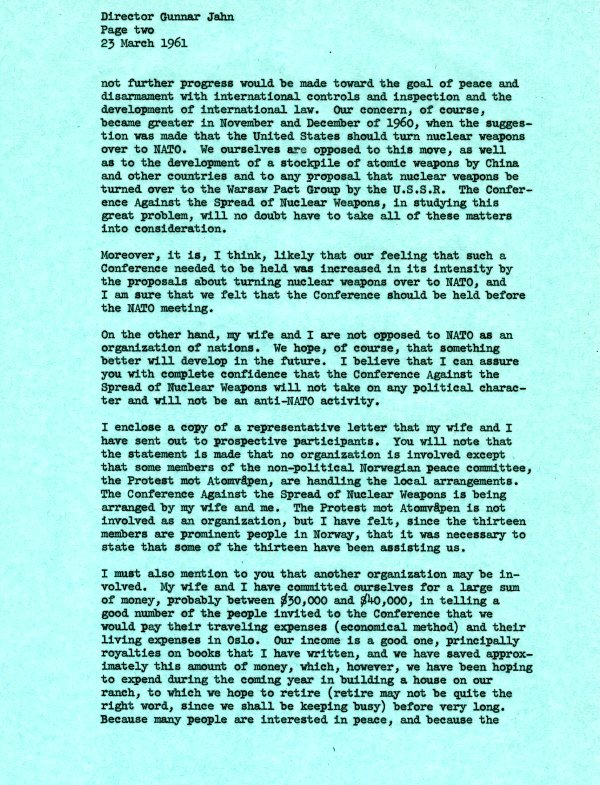 Letter from Linus Pauling to Gunnar Jahn. Page 2. March 23, 1961