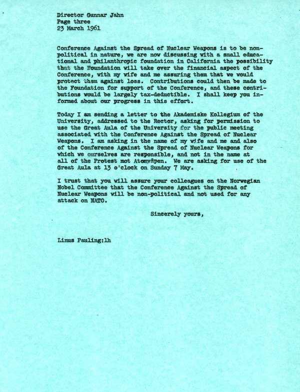Letter from Linus Pauling to Gunnar Jahn. Page 3. March 23, 1961