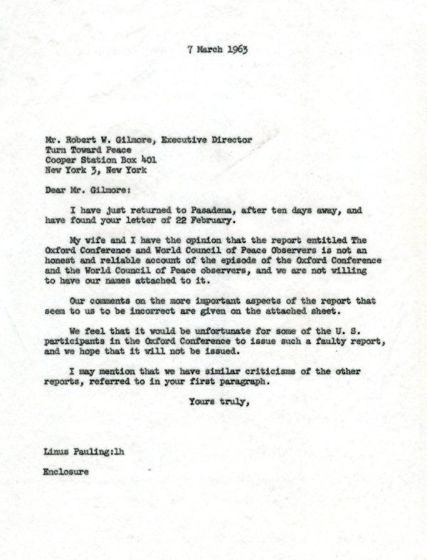 Letter from Linus Pauling to Robert W. Gilmore. Page 1. March 7, 1963