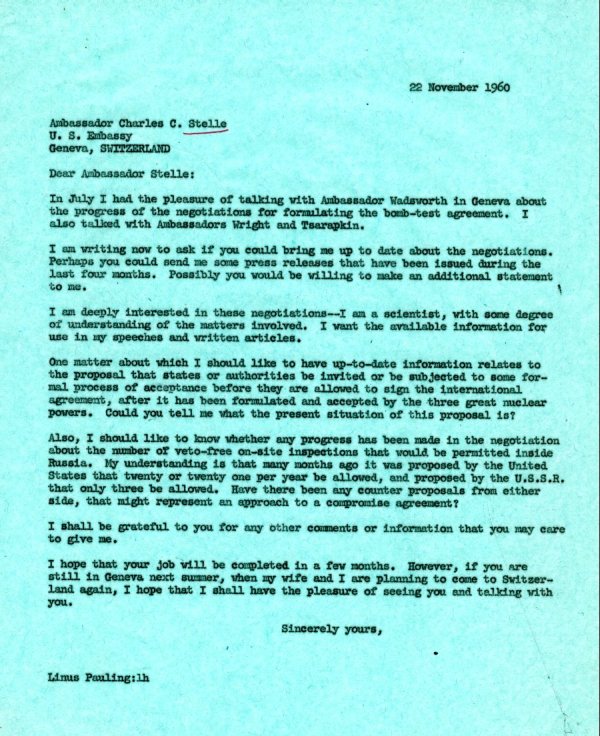 Letter from Linus Pauling to Charles C. Stelle. Page 1. November 22, 1960