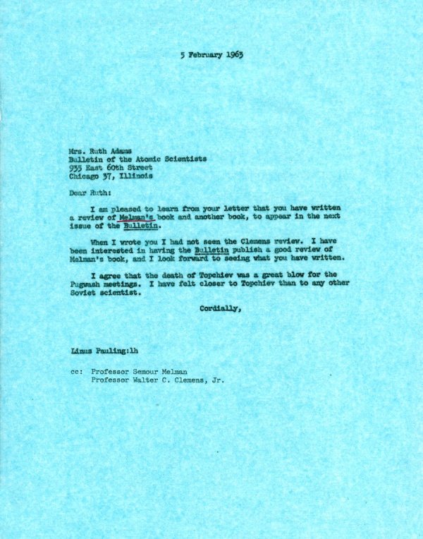 Letter from Linus Pauling to Ruth Adams. Page 1. February 5, 1963