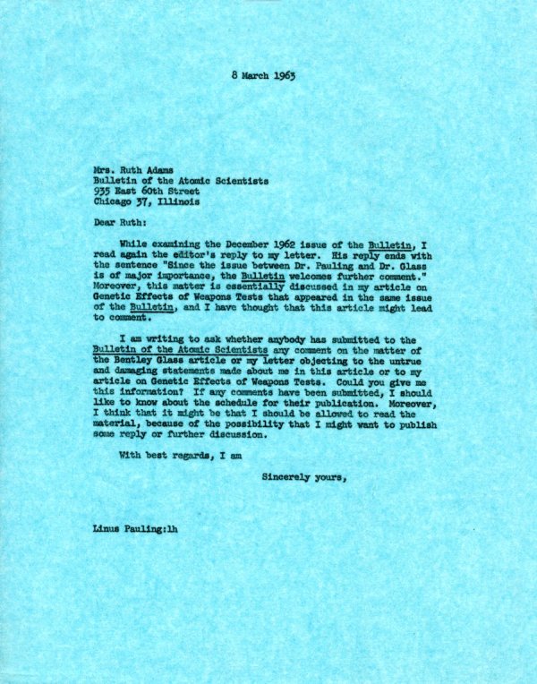 Letter from Linus Pauling to Ruth Adams. Page 1. March 8, 1963