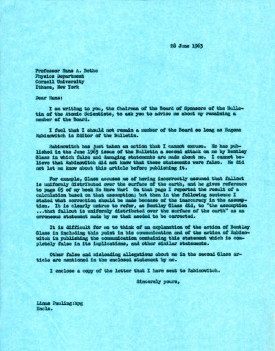 Letter from Linus Pauling to Hans Bethe. Page 1. June 28, 1963