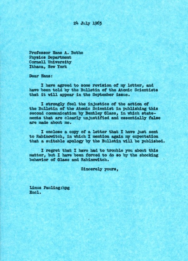 Letter from Linus Pauling to Hans Bethe. Page 1. July 24, 1963