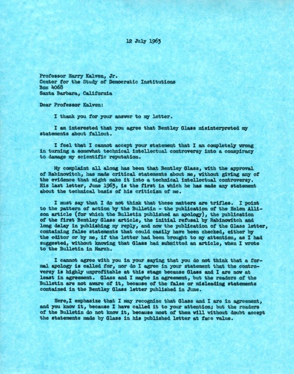 Letter from Linus Pauling to Harry Kalven, Jr. Page 1. July 12, 1963