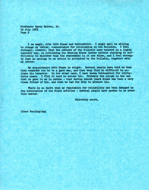 Letter from Linus Pauling to Harry Kalven, Jr. Page 2. July 12, 1963