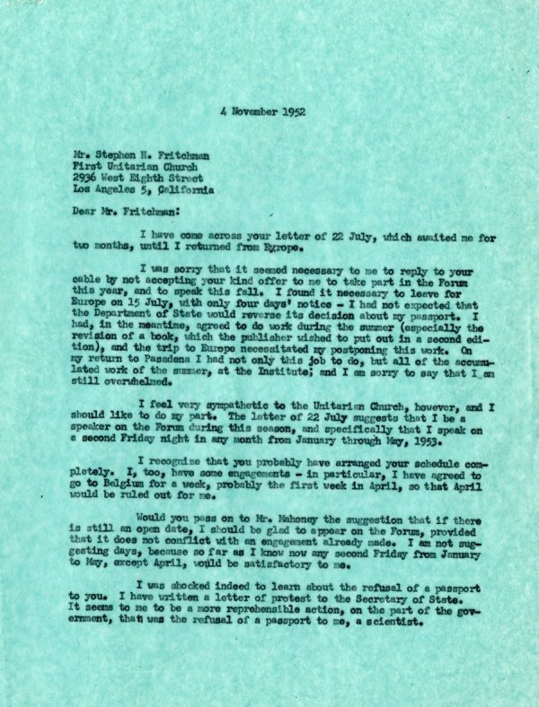 Letter from Linus Pauling to Stephen Fritchman. Page 1. November 4, 1952